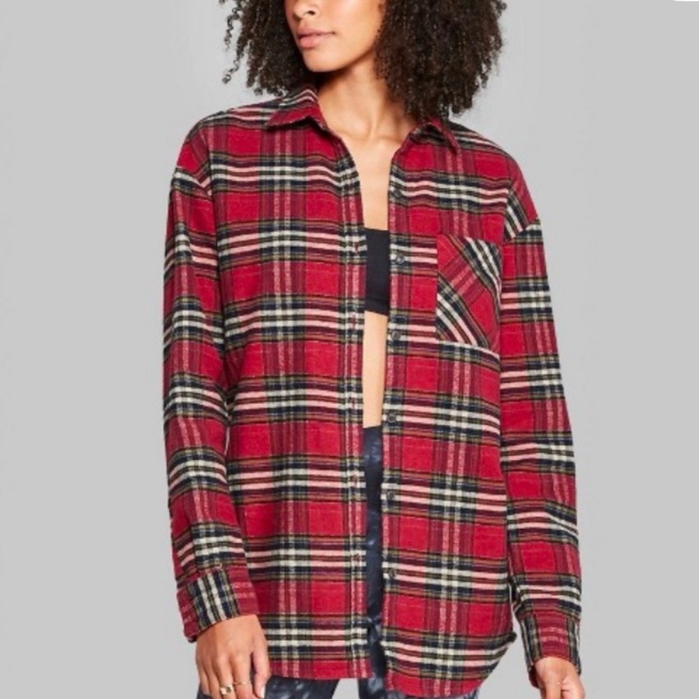 Wild Fable Red‎ Plaid Flannel Button Down Shirt Women Medium 100% Cotton Outdoor